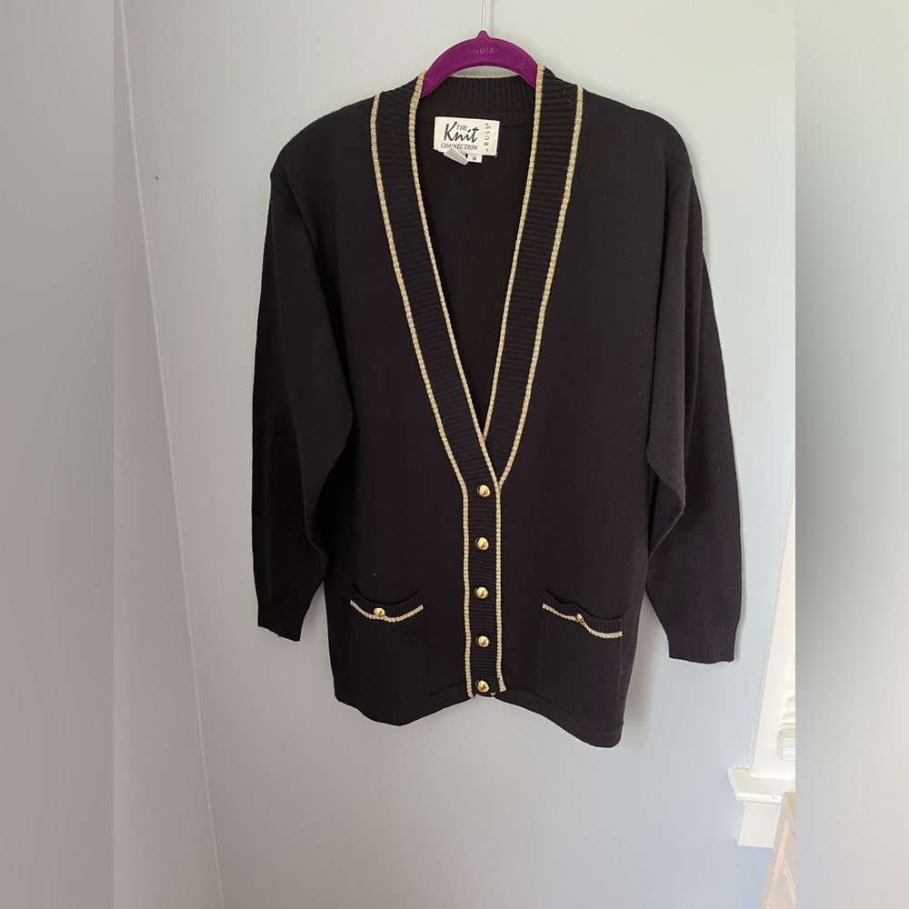 Classic Black Button-Front Cardigan with Gold Trim